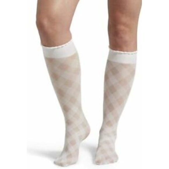 Hue White Diagonal Gingham Sheer Fashion Knee Hi Socks - Picture 2 of 2